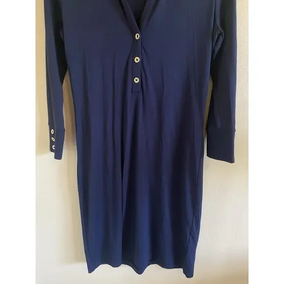 Lilly Pulitzer Navy Blue Gold Tone Button Collared Jersey Knit Dress‎ Womens XS - Picture 4 of 16